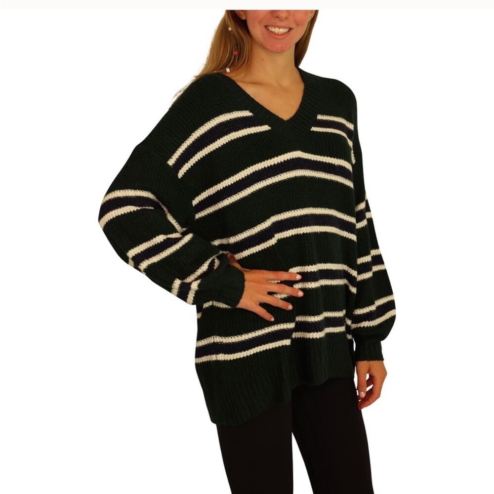 American Eagle dreamspun Striped V-Neck Sweater - Navy, Green and White